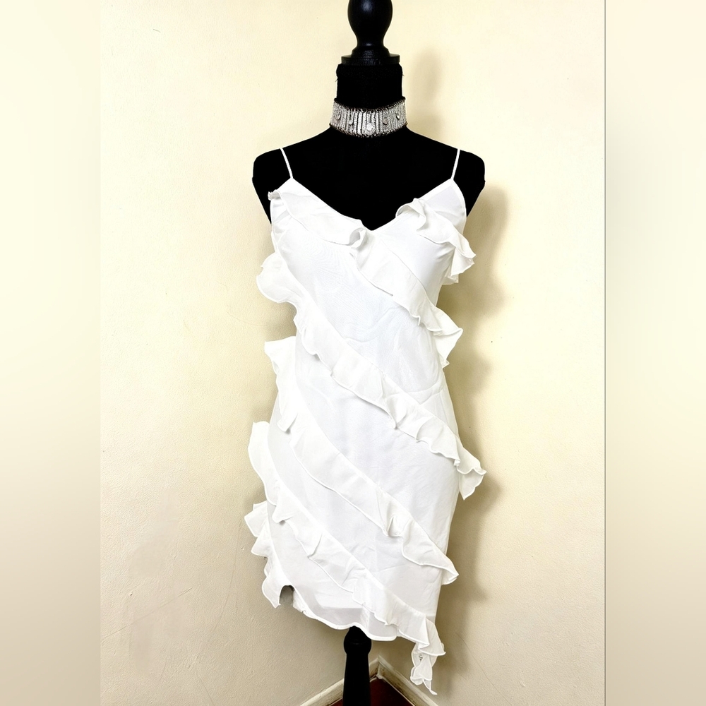 Asymmetrical White Ruffle Slip Dress - Women